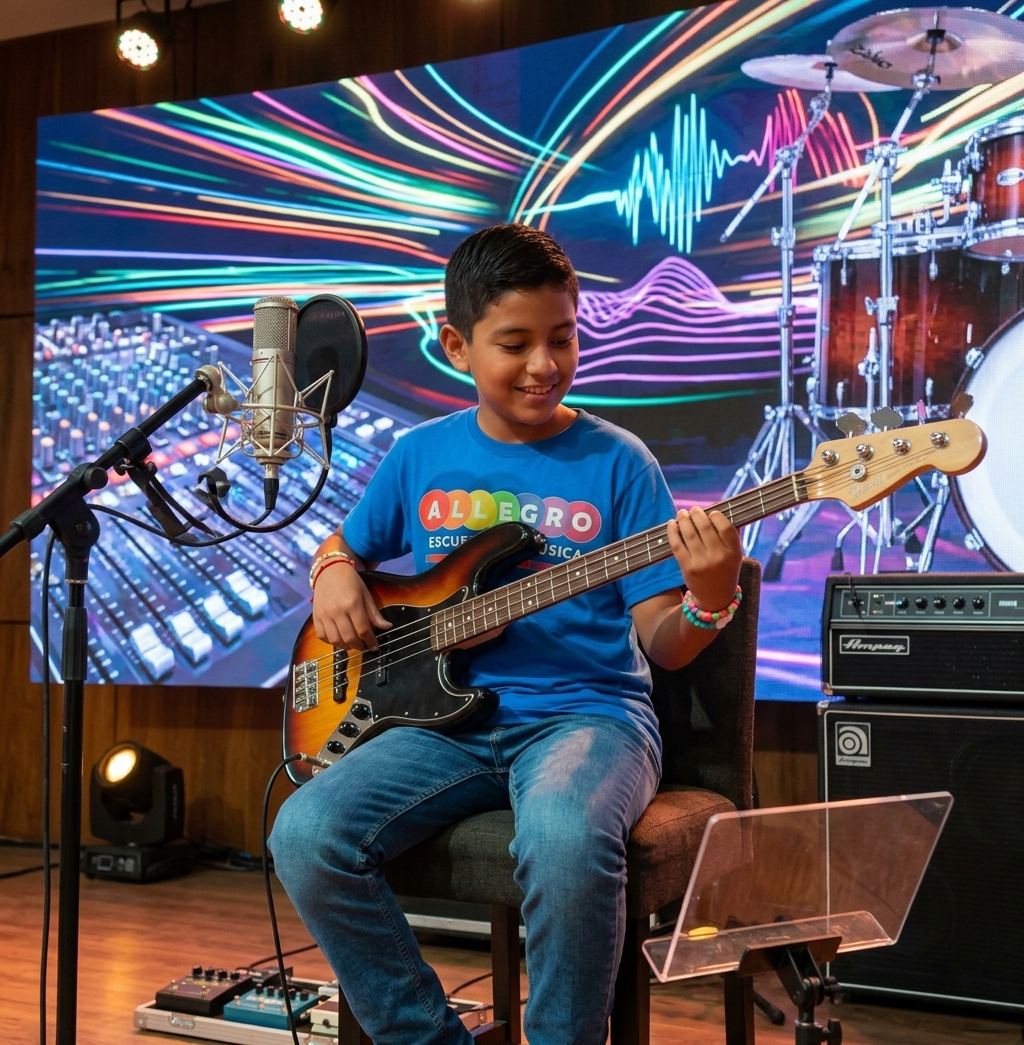 Estudiante en clase de Bajo eléctrico en Allegro Escuela de Artes